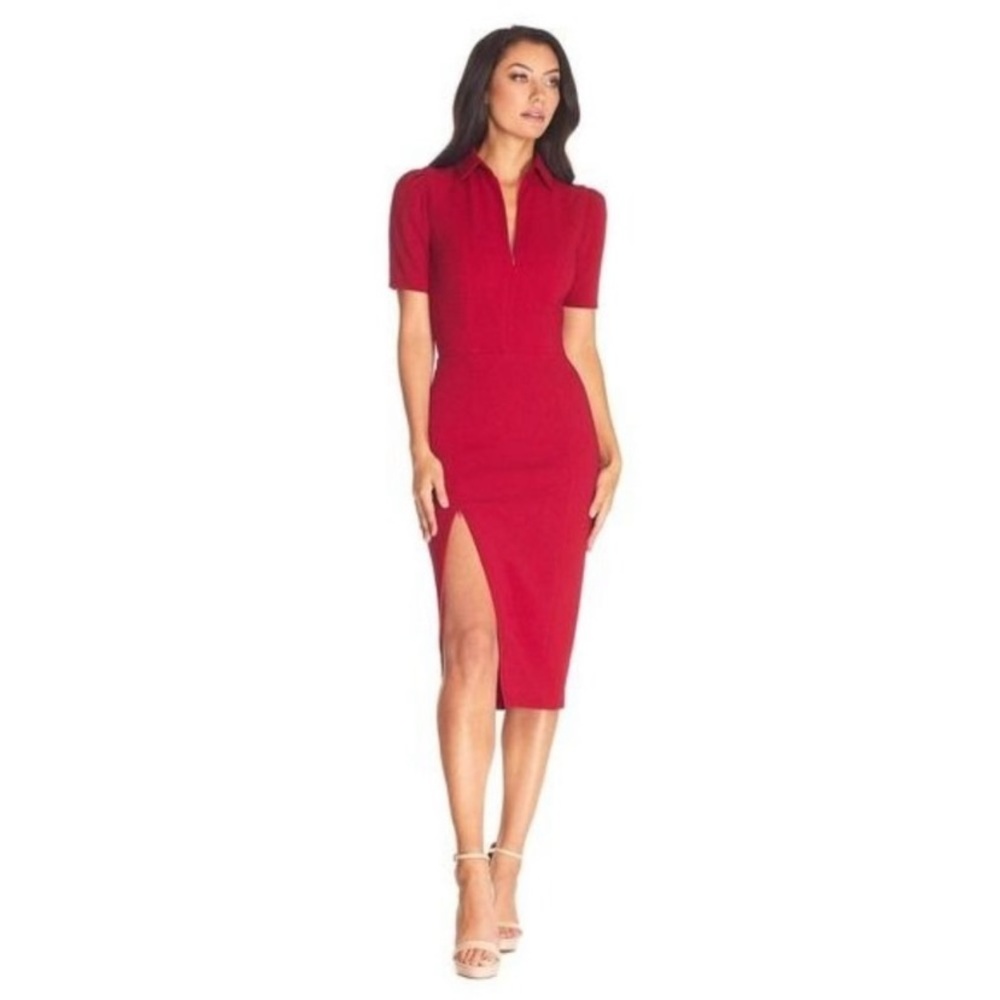 Dress The Population Gloria Red Collared Midi Dress, Size L